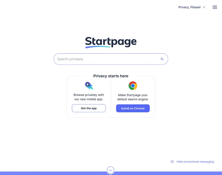 Startpage features a private search bar with options to get the app or make Startpage your default search engine.