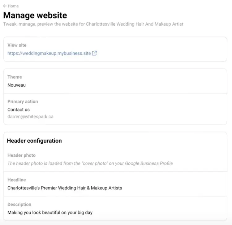 "Manage website" window on Whitespark with input boxes to create a website using a business' GBP data.