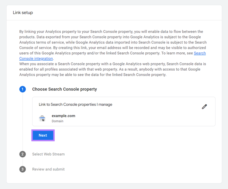 Next button highlighted on the Link setup page.