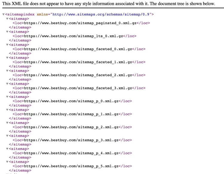 Best Buy sitemap using a sitemap index made up of multiple compressed .gz sitemap files.