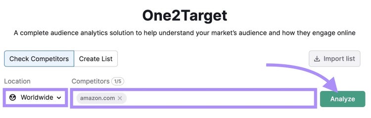 "amazon.com" entered into the One2Target tool