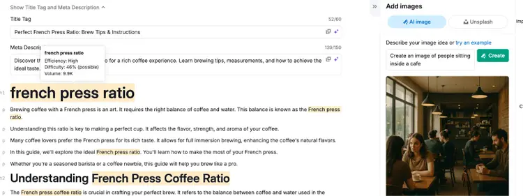 AI Article Generator draft for 'french press ratio' with coffee brewing image and article preview