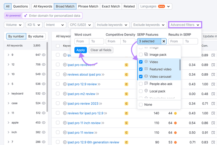 Advanced filters expanded, Video SERP features selected, and Apply button highlighted.
