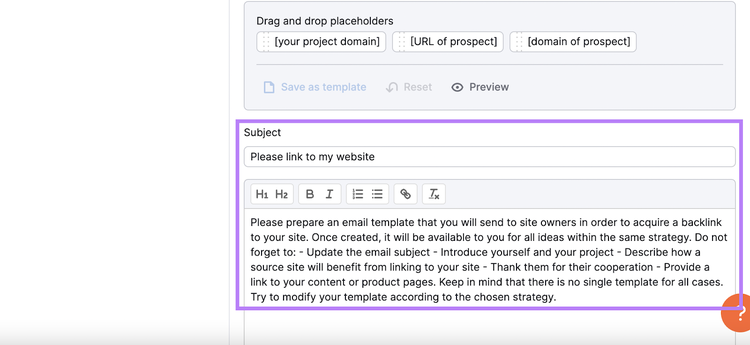 Link Building Tool's outreach email template
