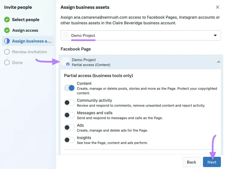 "Assign business assets" window in Facebook Business Manager settings
