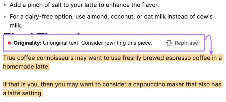 SEO Writing Assistant highlights sentences which should be re-phrased