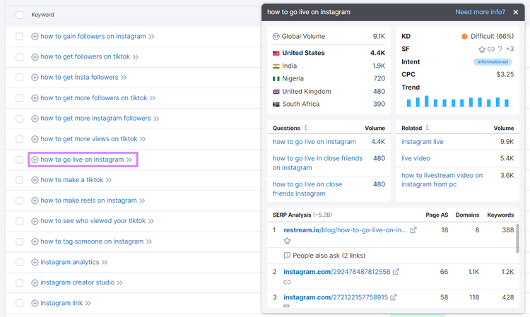 results for "how to go live on instagram" selected keyword