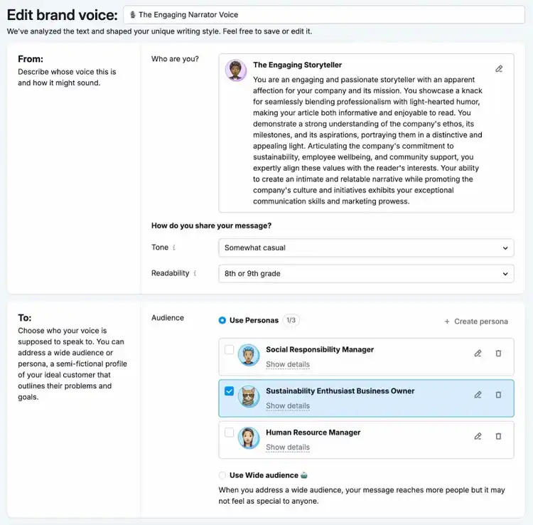Edit brand voice page on ContentShake AI showing how a brand voice might speak and who it's speaking to along with editing options.
