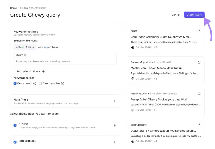 Keyword settings, keyword options, and sources along with the "Create query" button clicked on the Brand Monitoring tool.