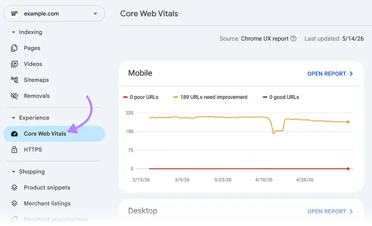 Google Search Console Core Web Vitals report showing mobile URL performance trends and issues