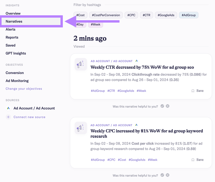 AI Narratives showing weekly ad performance insights for Google Ads