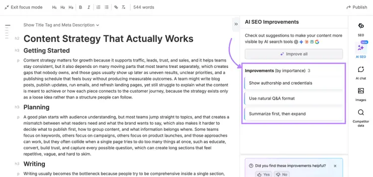 A list of recommended improvements for better AI optimization