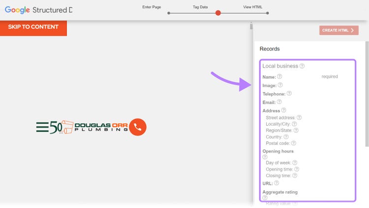 a list of elements related to local businesses shown in Structured Data Markup Helper