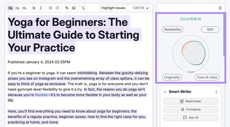 SEO Writing Assistant showing content on the left and an overall score on the right.