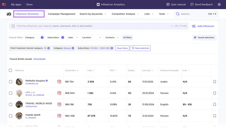 Influencer discovery dashboard listing Instagram creators with metrics and filters.