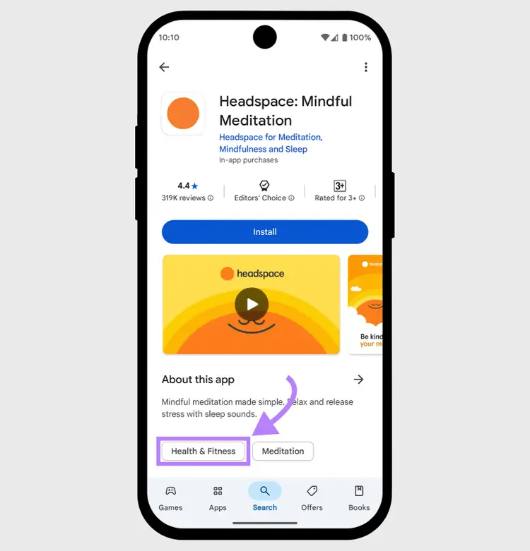 Headspace app in Google Play Store with 'Health & Fitness' category highlighted
