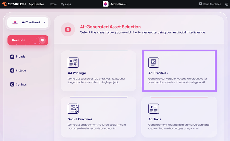 AdCreative.ai homepage with the AI-Generated Asset Selection menu open and the Ad Creatives option selected