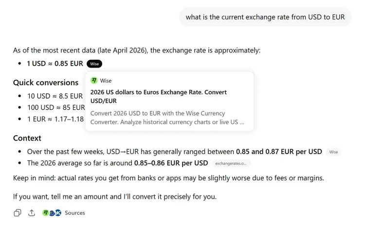 ChatGPT exchange rate answer cites Wise as the primary source for live USD to EUR conversion data