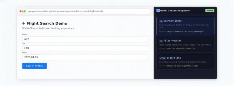 Flight search demo interface with WebMCP Model Context Inspector showing available tools like searchFlights, filterResults, and bookFlight