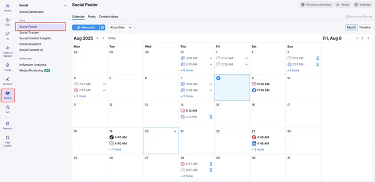 Social Poster calendar for August 2025 displaying scheduled posts across multiple platforms