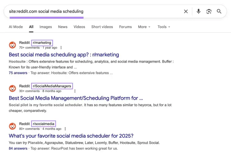 Google SERP with a site search operator used to find relevant subreddits to analyze.