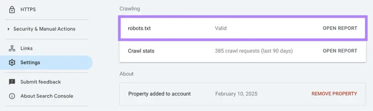 Option shown in Google Search Console.