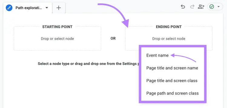 Path exploration on GA4 with "Event name" selected from the "ENDING POINT" drop-down.