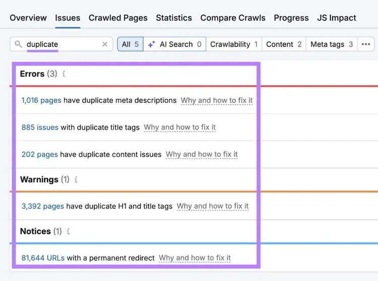 The "Issues" tab on Site Audit with "duplicate" entered showing a list of duplicate issues affecting a site.