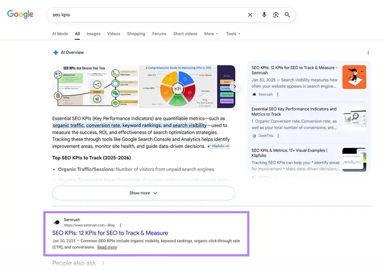Google search results for “seo kpis” showing AI Overview and a Semrush article ranking at the top position