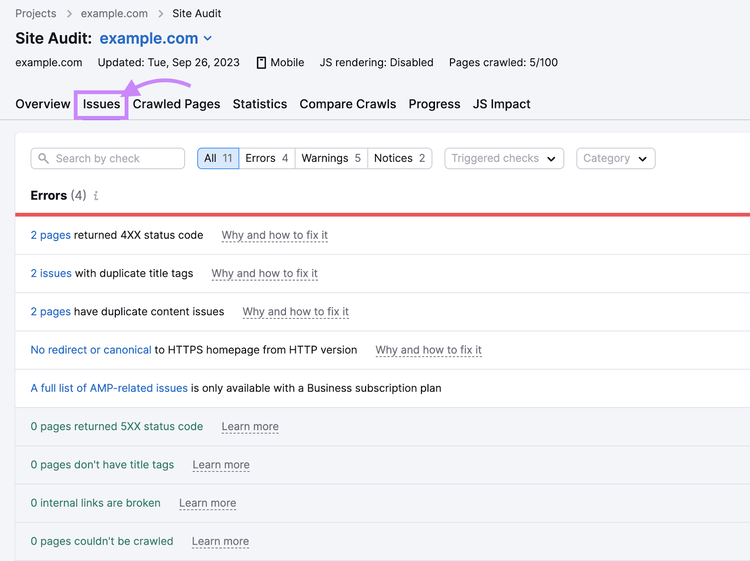Start Audit's "Issues" tab