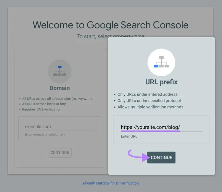 Google Search Console URL prefix property setup with a blog URL entered and the Continue button highlighted