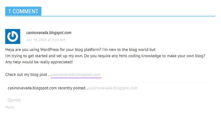 User comment that includes a link on a website