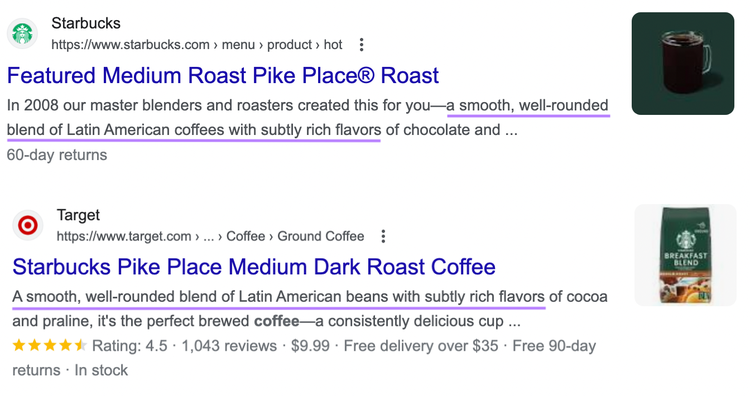 Starbucks coffee blend results on first page of Google