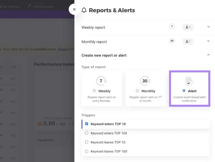 Reports & Alerts on SERPWatcher with "Alert" clicked.