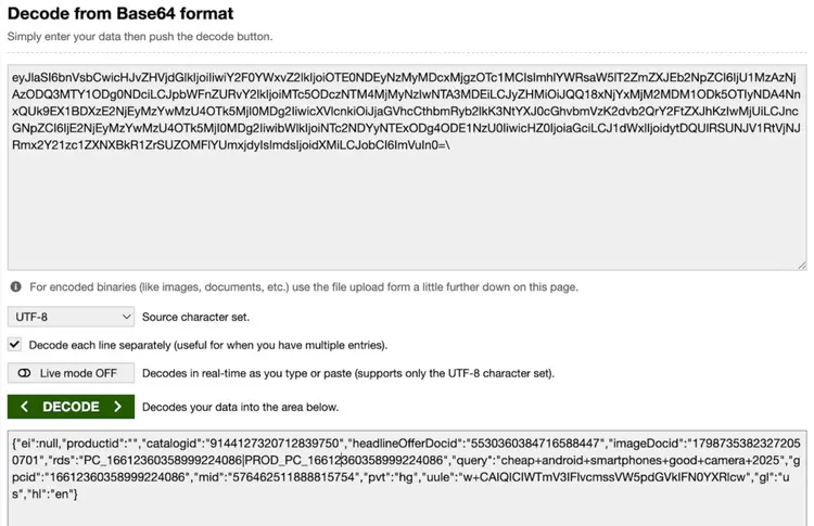 Base64 decoder tool with encoded text and UTF-8 character set option for decoding