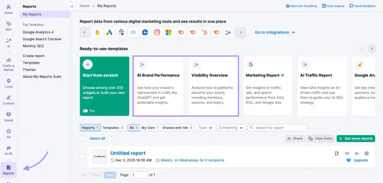 Semrush My reports PDF builder