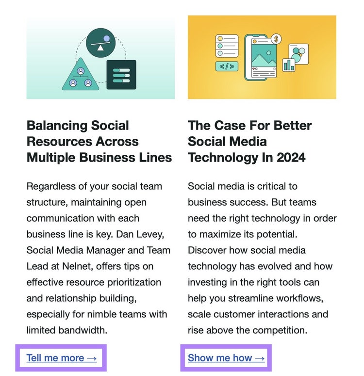 Email newsletter from Sprout Social promoting their latest blog posts with a short summary and link to the full article.