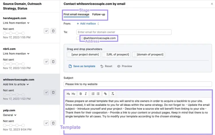 Sending emails from Link Building tool