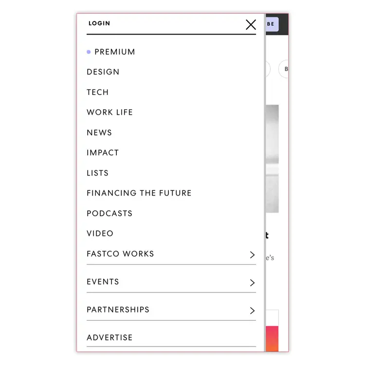 Expanded mobile menu showing login and multiple navigation categories.
