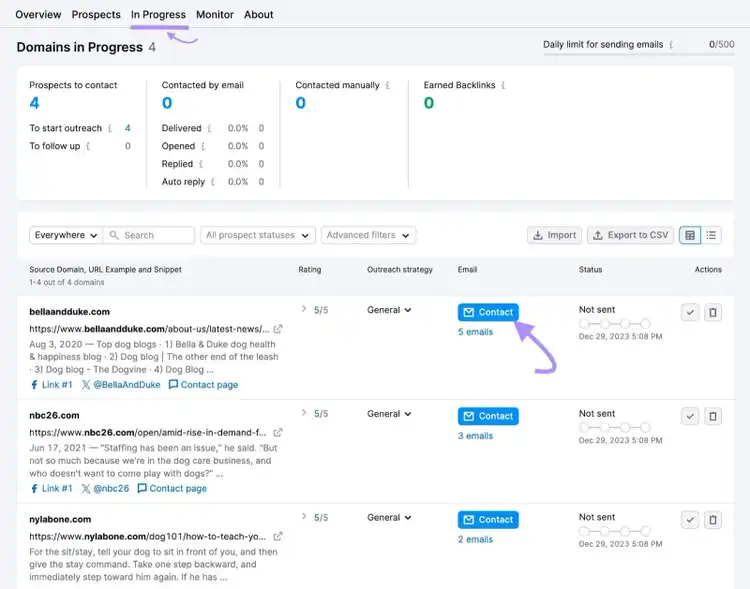 "In Progress" tab in Link Building Tool