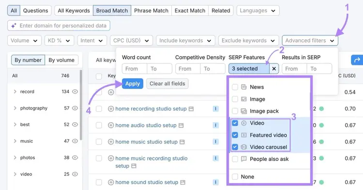 Applying a filter on the Keyword Magic Tool to only show keywords triggering a video, featured video, or video carousel on the SERP.