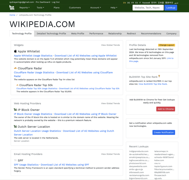 BuiltWith technology profile for Wikipedia showing infrastructure and hosting details