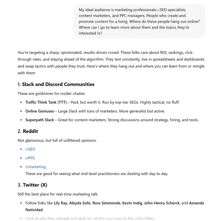 ChatGPT interface displaying a response with suggested online communities for marketers
