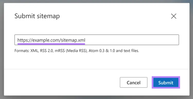 Sitemap URL entered and Submit button highlighted
