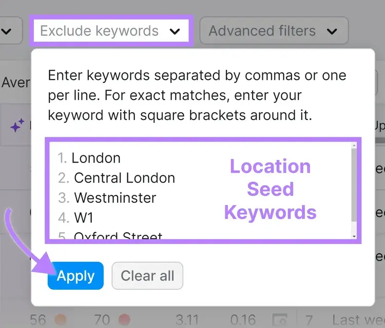 Applying a filter on the Keyword Magic Tool to exclude location seed keywords.