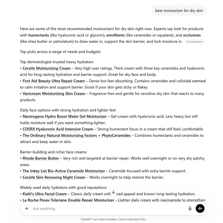 ChatGPT response recommending moisturizers for dry skin with categorized product suggestions