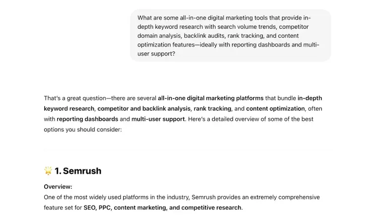 The prompt asks for a list of tools that meet certain criteria, and AI mentions Semrush first.