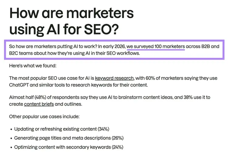 A blog post by Semrush highlighting how they've surveyed 100 marketers to compile the article.