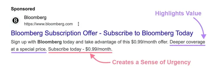 Bloomberg’s search ad with the copy highlighted