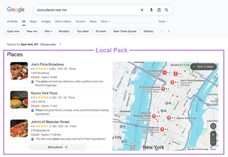 Google search results for pizza places near me with three listings highlighted and map locations marked.